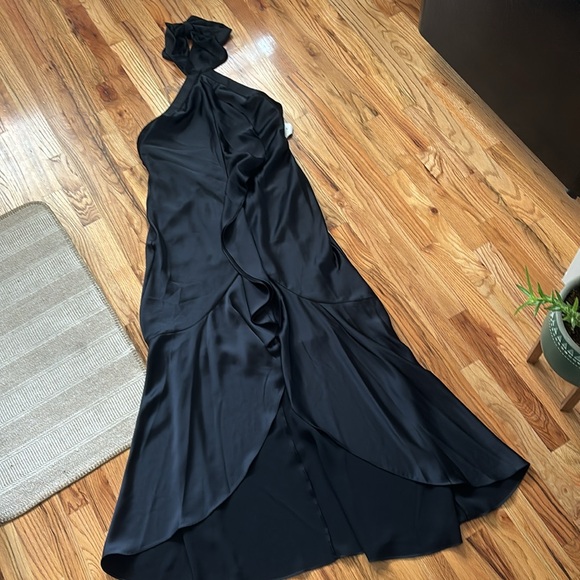 Ramy Brook Tera Ruffled Halter Gown Ruffle Satin Low Back Tie Black 14 High Neck - Picture 7 of 13